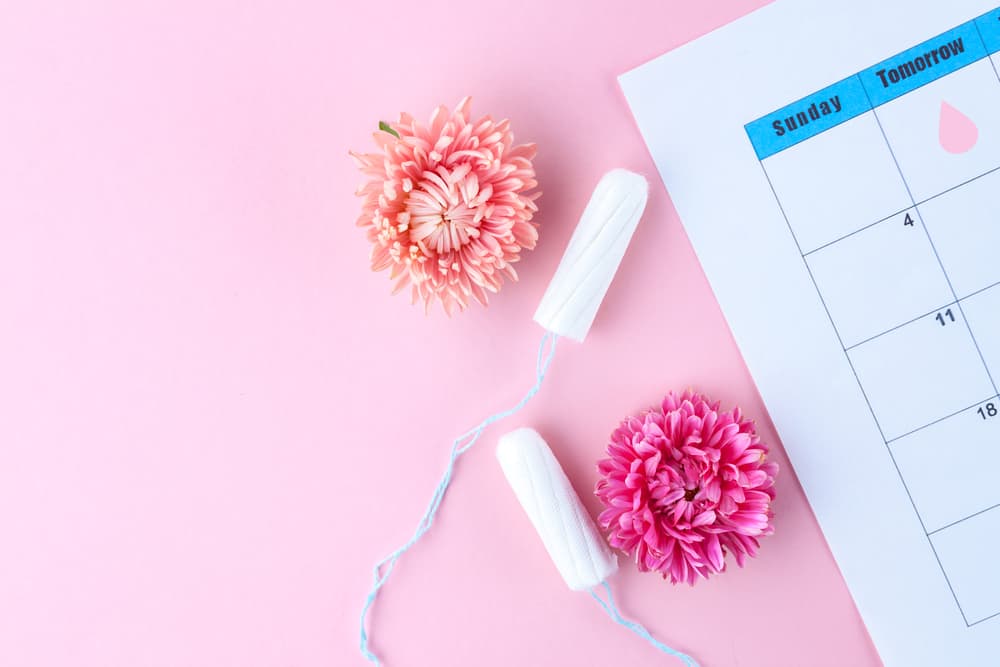 menstrual cycle. Tampons, women's calendar, flowers on a pink background