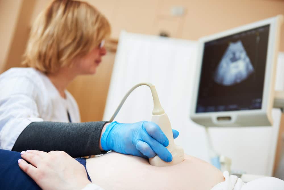 Ultrasound test. Pregnancy. Gynecologist checking fetal life with scanner.